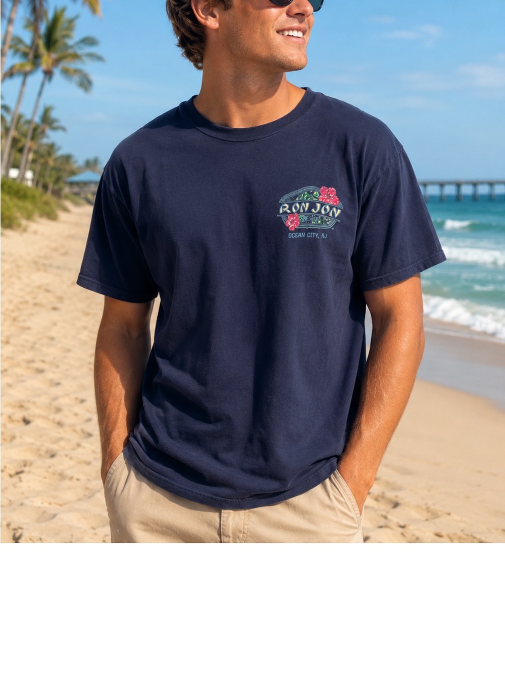 Ron Jon Navy Short-Sleeve Tee with Tropical Chest Graphic